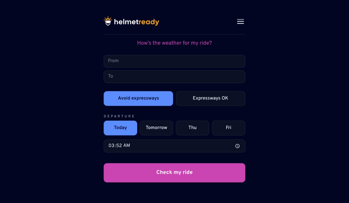 Helmet Ready Ride Plan form with start and destination fields, Route Preference controls, departure options, and a Check my ride button.